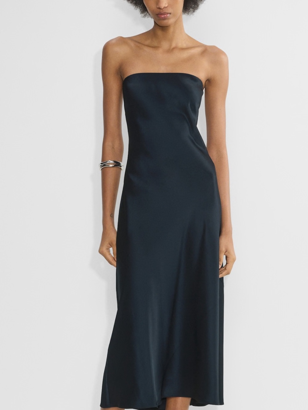 Aritzia Strapless Navy Satin Midi Dress